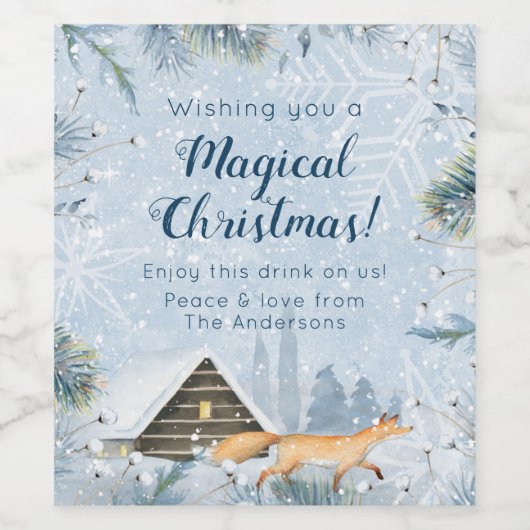 冬のキツネキャビン雪のパーソナライズされたクリスマス ワインラベル (シングルラベル)