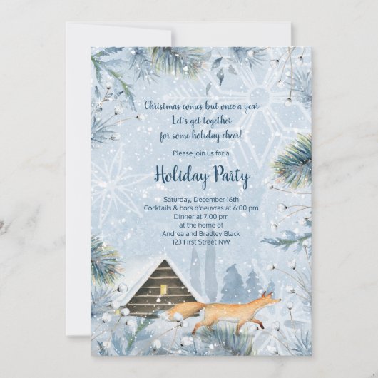 冬のキツネキャビン雪クリスマスパーティの招待状 シーズンカード (正面)
