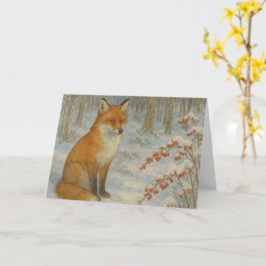 冬のキツネクリスマス カード (黄色い花)