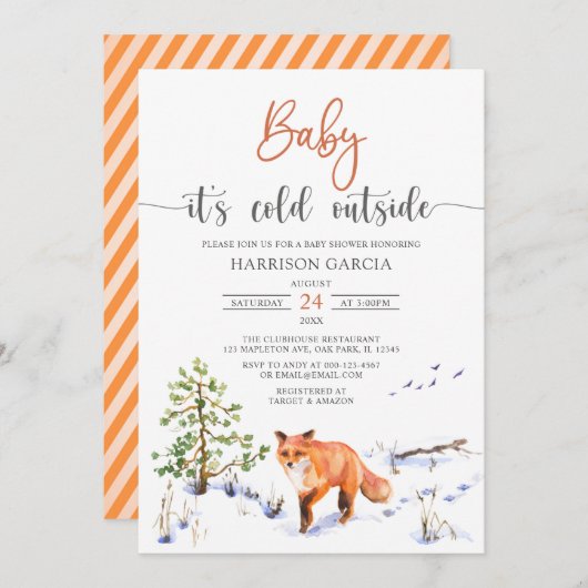 冬のキツネベビー，ベビーシャワーの外は寒い 招待状 (正面/裏面)