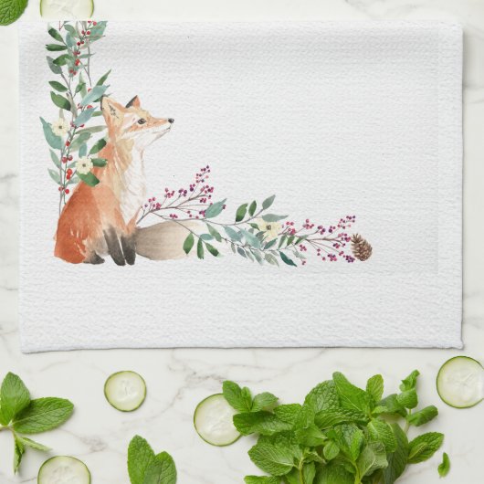 冬のキツネホリデーリーフフレームクリスマス キッチンタオル (折り畳み)