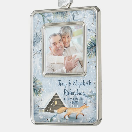 冬のキツネ祖父母の記念写真クリスマス シルバープレートフレームオーナメント (左)