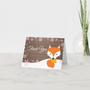 冬のキツネ素朴雪片ピンクサンキューカード サンキューカード
