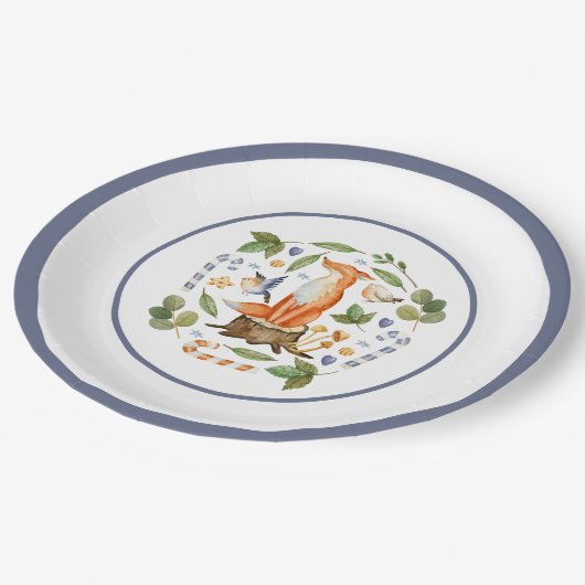 冬のキツネ、木の切り株葉のキャンディ ペーパープレート (アングル)