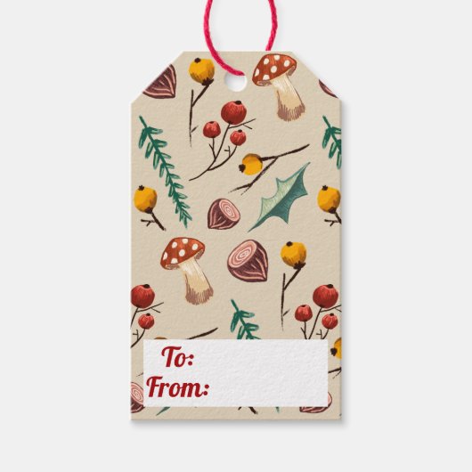 冬のキノコと葉の素朴クリスマス ギフトタグ (正面)