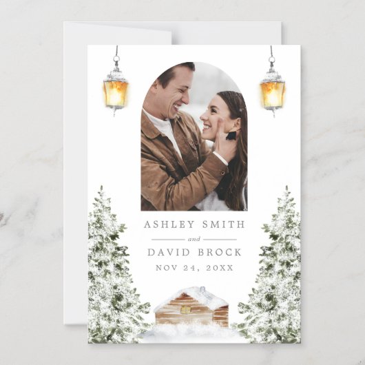 冬のキャビンの写真Dateマグネットを保存 マグネット招待状 (正面)