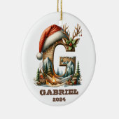 冬のキャビン文字Gと居心地の良いマウンテンシーン セラミックオーナメント (右)