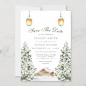 冬のキャビン日付磁石を保存 | 雪素朴 マグネット招待状 (正面)