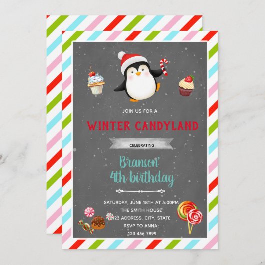 冬のキャンディーランドをテーマにした招待状 招待状 (正面/裏面)