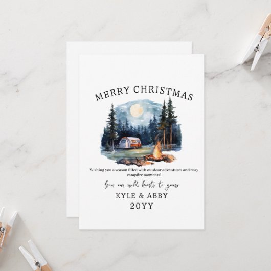 冬のキャンプファイヤー ムーンレイト クリスマス フォレスト 招待状 (正面/裏面インサイチュ)
