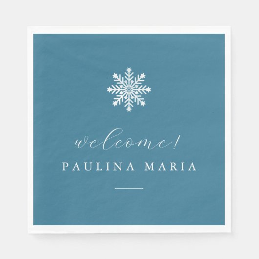 冬のキンセアニェラウェルカムブルーホワイトスノーフレーク スタンダードランチョンナプキン (正面)