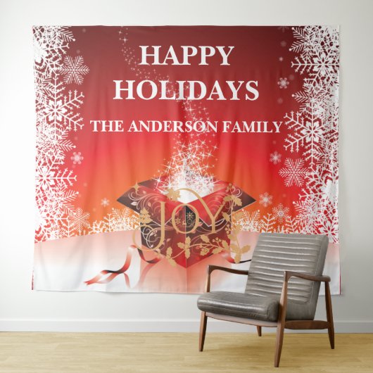 冬のギフトボックス驚きの雪のフレーク赤い白金ゴールド タペストリー (インサイチュ(横))