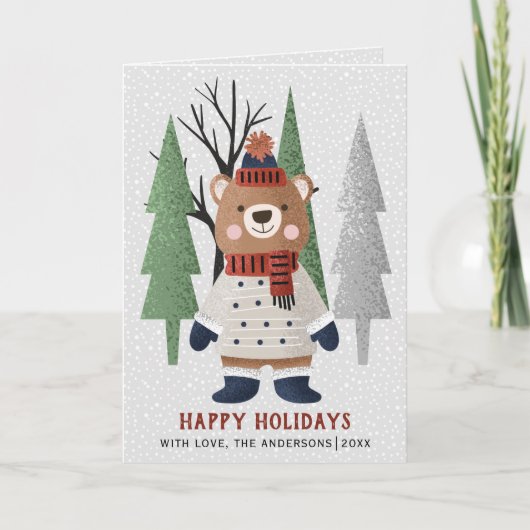 冬のクマと木クリスマスの写真を折り畳んだ シーズンカード (正面)