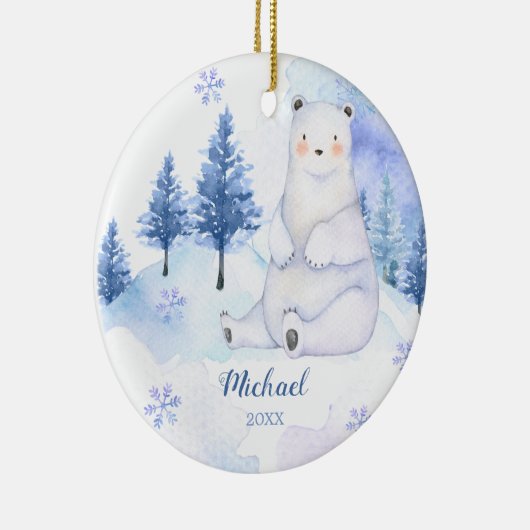 冬のクマのアーティックス動物の青い雪の山 セラミックオーナメント (右)