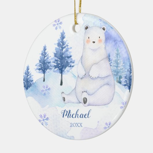 冬のクマのアーティックス動物の青い雪の山 セラミックオーナメント (左)