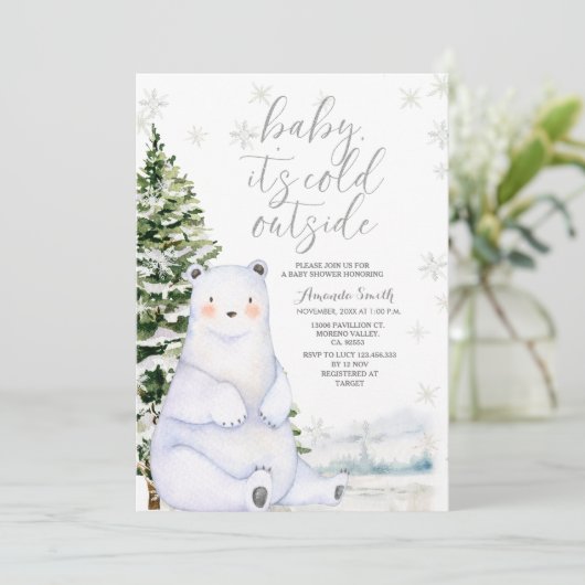 冬のクマのアーティックス雪の木ベビーシャワー 招待状 (スタンド正面)