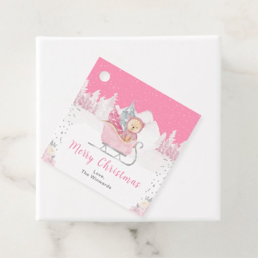 冬のクマのピンクそりのメリークリスマス フェイバータグ (インサイチュ)