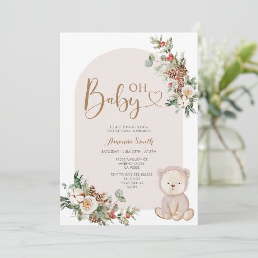 冬のクマの果実の雪の結晶ベビーシャワー 招待状 (スタンド正面)