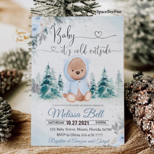 冬のクマの男の子 寒い外への招待状 招待状
