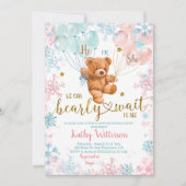 冬のクマ性別がピンク色の青い赤ちゃんシャワーを明らかにする 招待状 (正面)