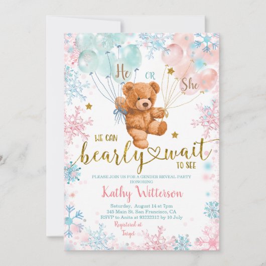 冬のクマ性別がピンク色の青い赤ちゃんシャワーを明らかにする 招待状 (正面)