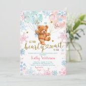 冬のクマ性別がピンク色の青い赤ちゃんシャワーを明らかにする 招待状 (スタンド正面)