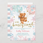 冬のクマ性別がピンク色の青い赤ちゃんシャワーを明らかにする 招待状 (正面/裏面)