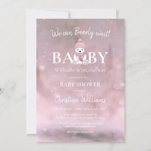 冬のクマ我々はピンクの赤ちゃんシャワーを心待ちできる 招待状 (正面)
