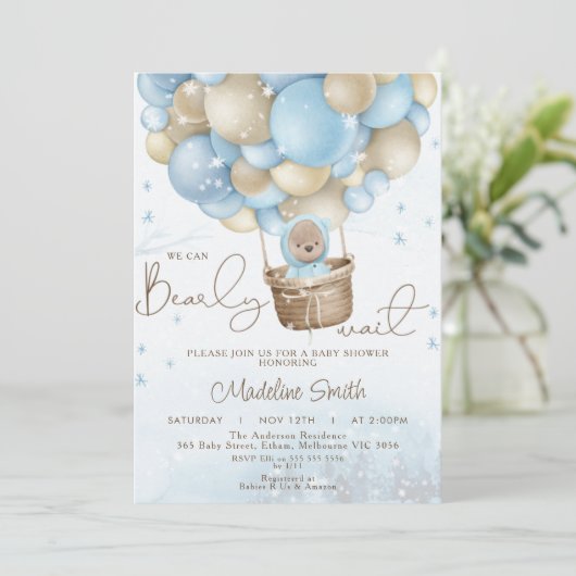 冬のクマ熱い空気バルーンパール赤ちゃんシャワー 招待状 (スタンド正面)