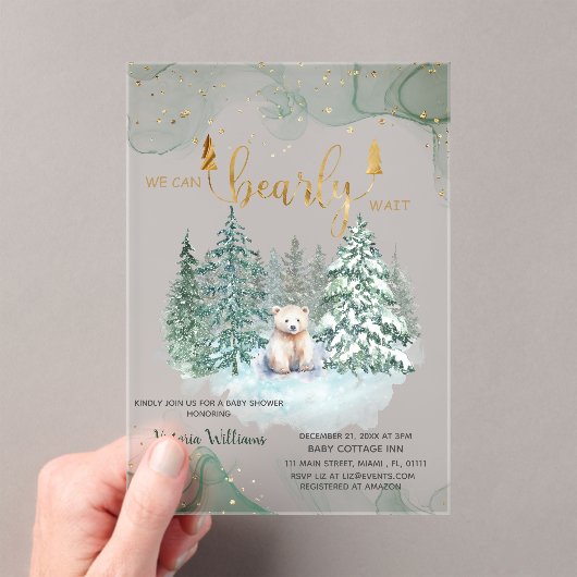 冬のクマ真珠のように待つ赤ちゃんシャワー アクリル招待状 (インサイチュ (ポータブル))