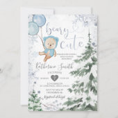 冬のクマ赤ちゃんシャワー森の雪片バルーン 招待状 (正面)