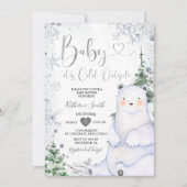 冬のクマ赤ちゃんシャワー森シルバー雪 招待状 (正面)