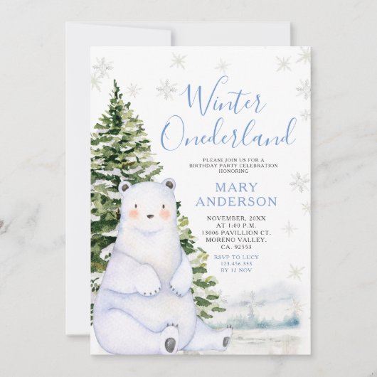 冬のクマ雪の結晶オーネダーランド1st誕生日 招待状 (正面)
