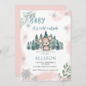 冬のクマ雪片ピンクの赤ちゃんシャワー 招待状 (正面/裏面)