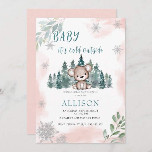 冬のクマ雪片ピンクの赤ちゃんシャワー 招待状 (正面/裏面)