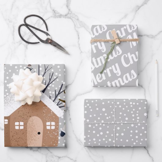 冬のクマ、メリークリスマスと雪 ラッピングペーパーシート (正面)