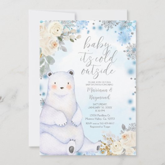 冬のクマArtics動物の白い花の赤ちゃんシャワー 招待状 (正面)