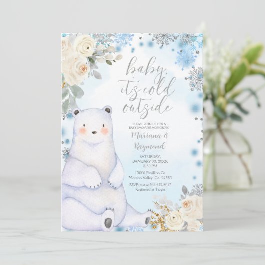冬のクマArtics動物の白い花の赤ちゃんシャワー 招待状 (スタンド正面)