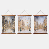 冬のクリスマスに雪が降った都市 吊り下げ型タペストリー (トリプル)