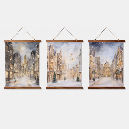 冬のクリスマスに雪が降った都市 吊り下げ型タペストリー (トリプル)