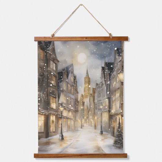 冬のクリスマスに雪が降った都市 吊り下げ型タペストリー (正面)