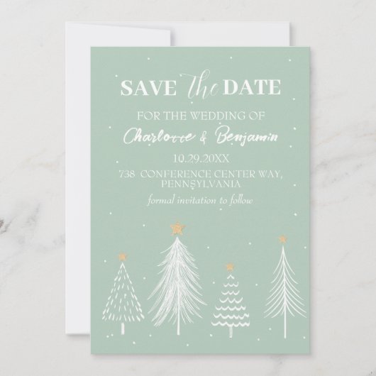 冬のクリスマスのセージ緑の日付を保存結婚する セーブザデート (正面)
