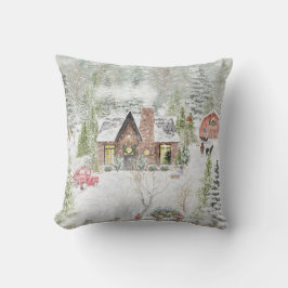 冬のクリスマスの山小屋の風景 クッション