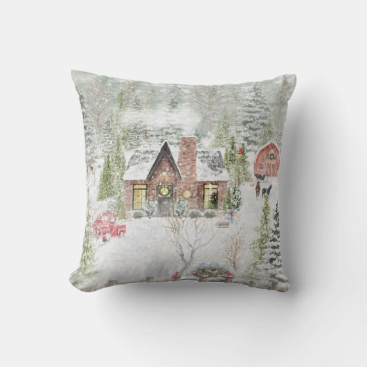 冬のクリスマスの山小屋の風景 クッション (正面)