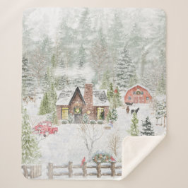 冬のクリスマスの山小屋の風景 シェルパブランケット