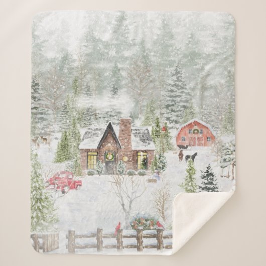 冬のクリスマスの山小屋の風景 シェルパブランケット (正面)
