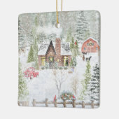 冬のクリスマスの山小屋の風景 セラミックオーナメント (左)