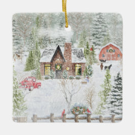 冬のクリスマスの山小屋の風景 セラミックオーナメント