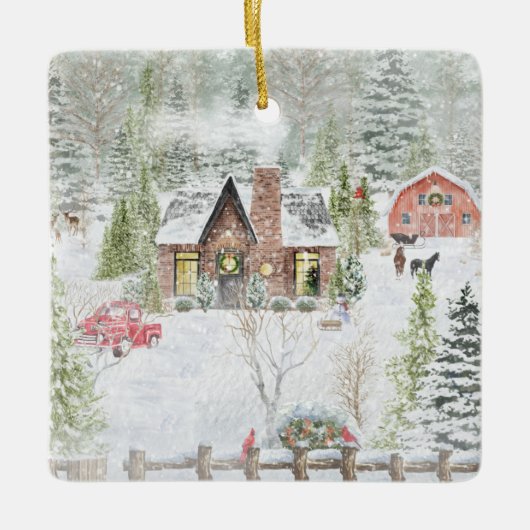 冬のクリスマスの山小屋の風景 セラミックオーナメント (正面)