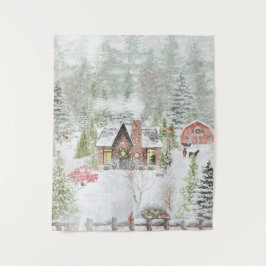冬のクリスマスの山小屋の風景 タペストリー